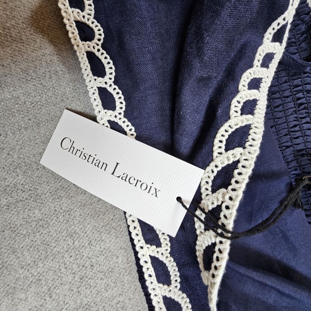 Christian Lacroix Cropped Top Women's Medium Navy Linen Lace Trim Tie Sleeveless - Picture 9 of 11